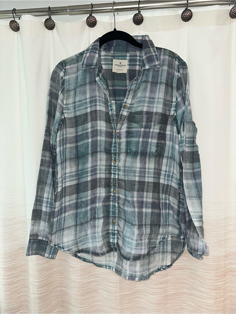 American Eagle Outfitters Light Green- Blue Plaid Button-Up Shirt